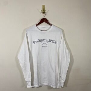 Mens BoothBay Harbor Maine‎ Graphic  Long Sleeve T-shirt White and Blue Coastal